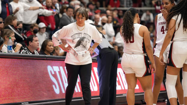 Nov 20, 2022; Stanford, California, USA; Stanford Cardinal head coach Tara VanDerveer reacts after an illegal time out was called against the South Carolina Gamecocks during overtime at Maples Pavilion. Mandatory Credit: Darren Yamashita-USA TODAY Sports